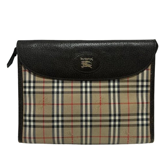 Auth Burberry's - Dark Brown Beige Multi Cotton Leather Mens Clutch Bag - Picture 1 of 7
